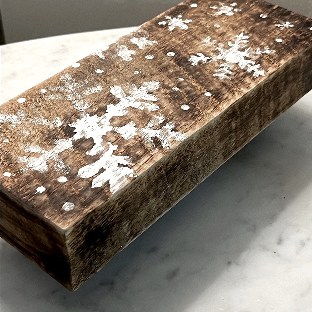 Rustic Wooden Riser Display Tray With Snowflakes Handmade Reclaimed Wood - Picture 5 of 9